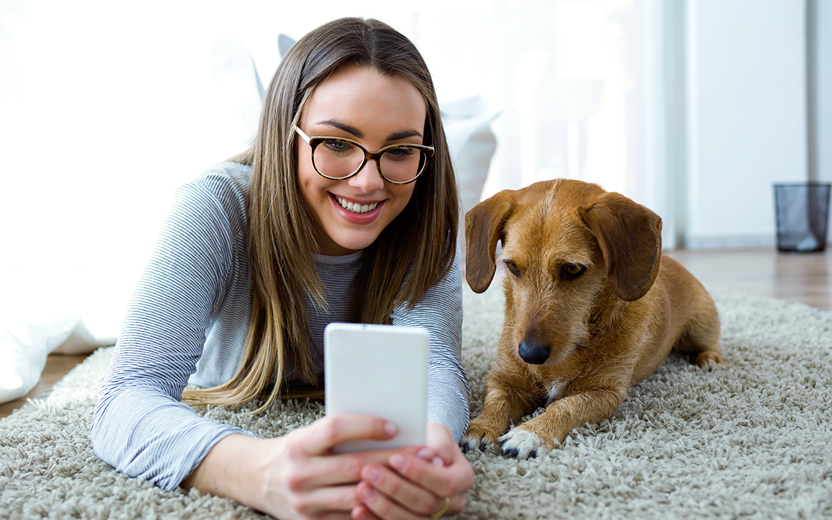 Girl showing smartphone to dog